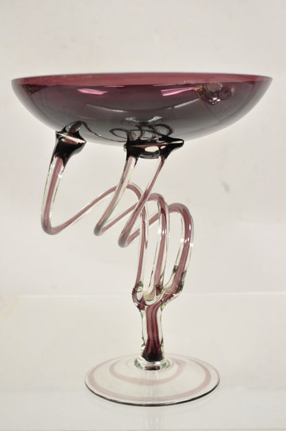 Vintage Hand Blown Italian Murano Style Purple Glass Swirl Compote Candy Dish