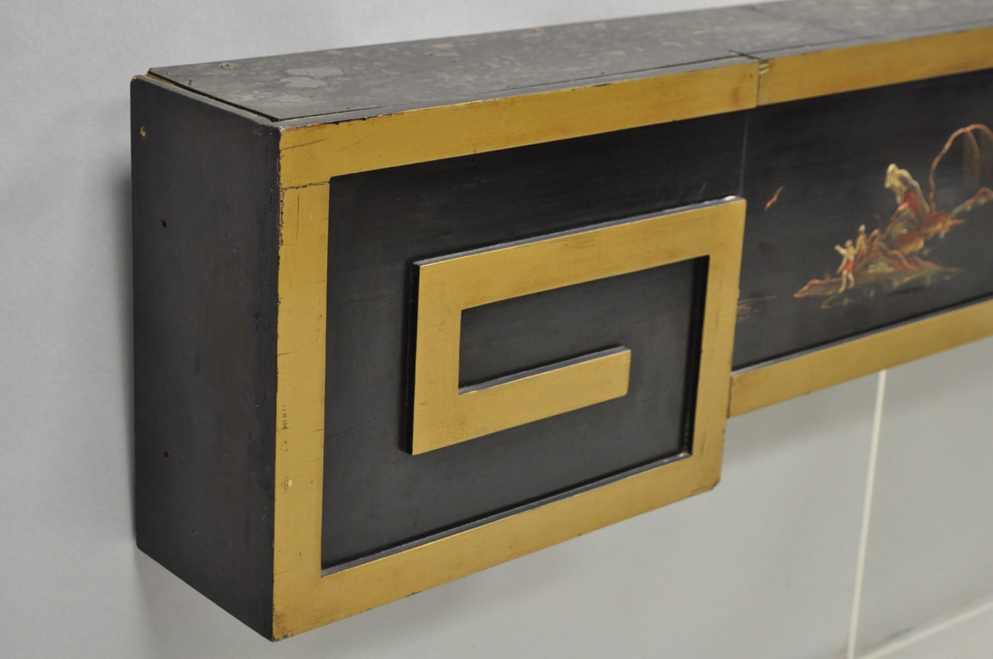 Vintage Chinoiserie Oriental Black Lacquer & Gold Greek Key 77" Window Valance