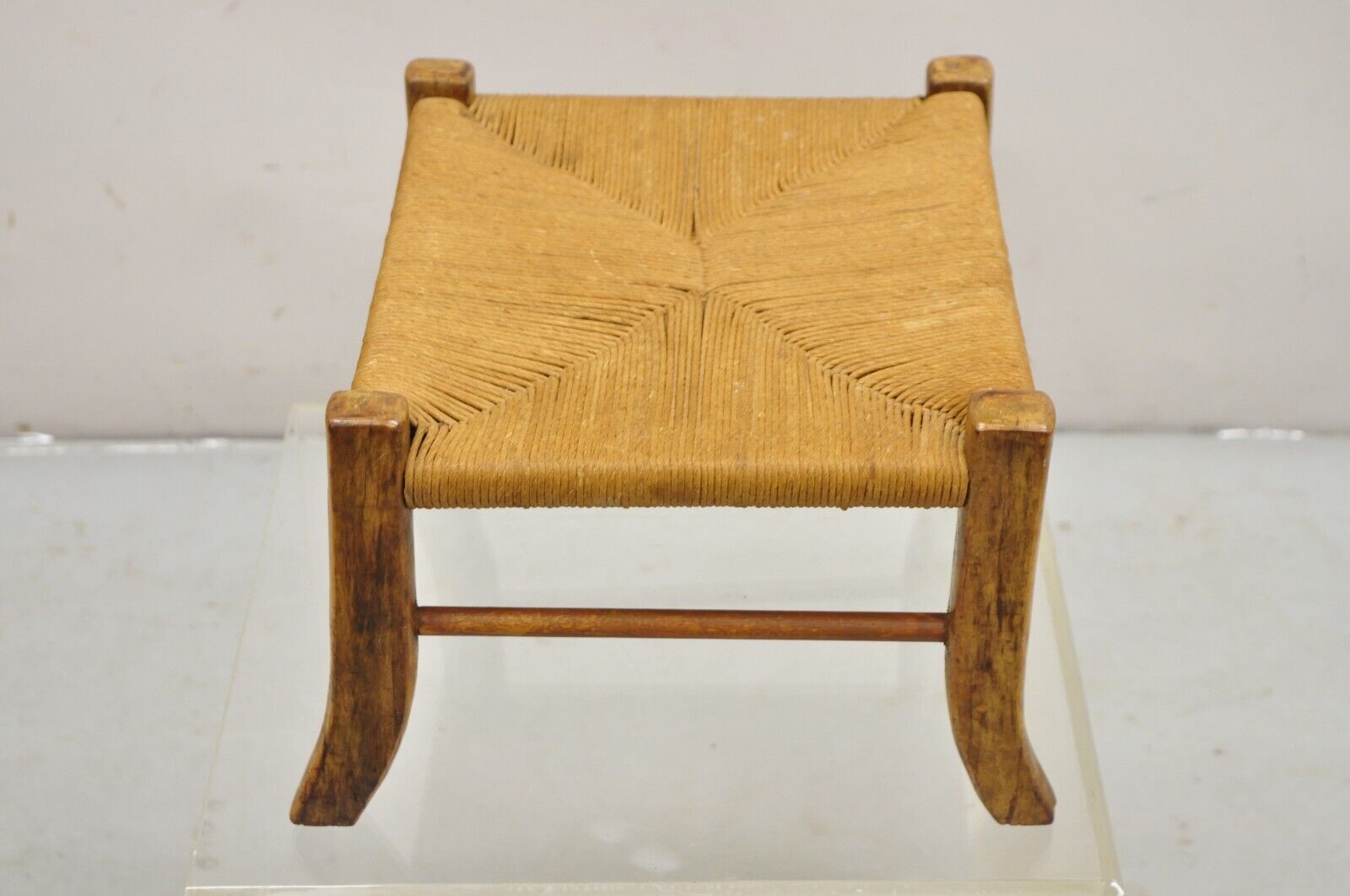 Antique French Country Provincial Walnut Woven Rush Cord Seat Footstool Ottoman