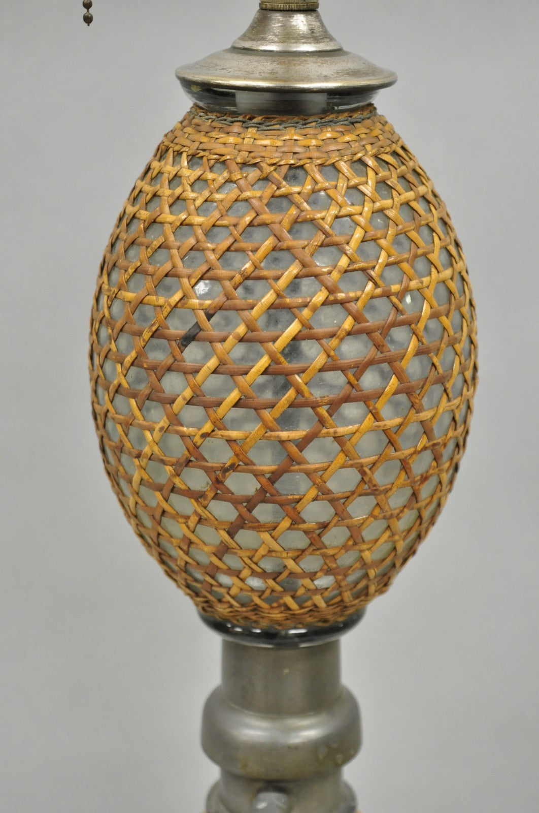 Antique French Victorian Rattan Wrapped Blown Glass Seltzer Bottle Table Lamp