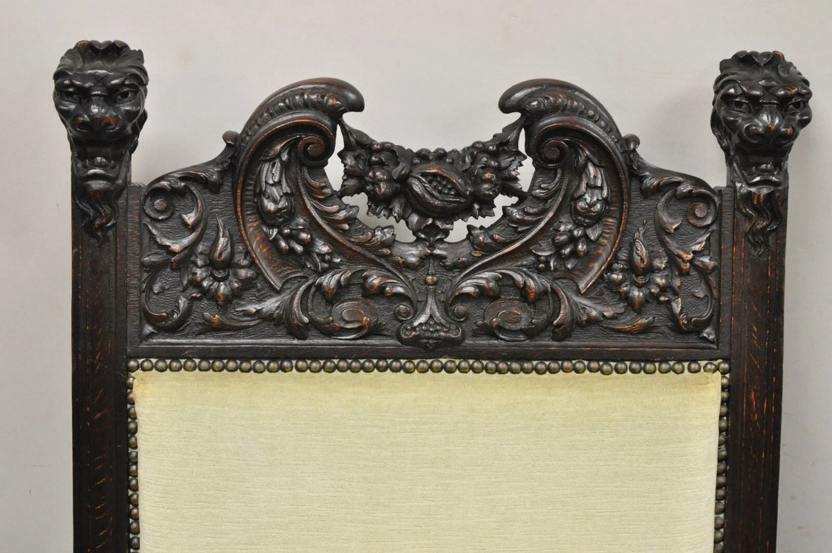 RJ Horner Attr Renaissance Figural Lion Carved Oak Wood Dining Chairs - Set of 6