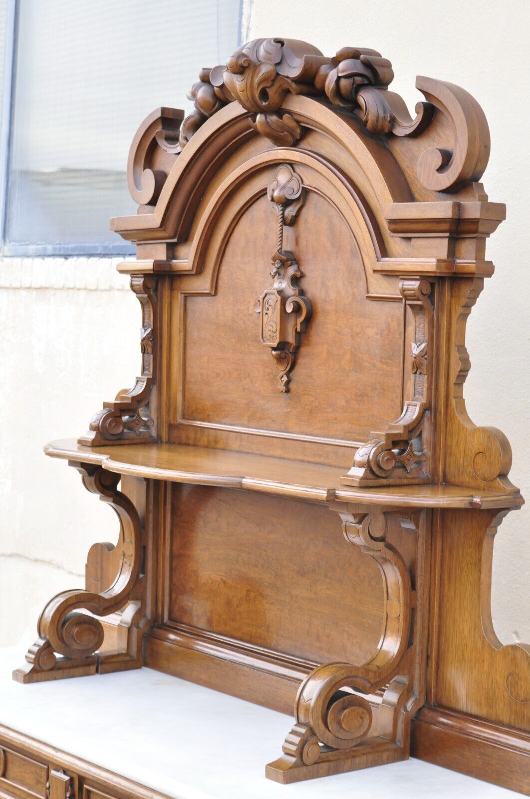 Victorian Carved Walnut Marble Top Custom Sideboard Buffet Cabinet w/ Backsplash