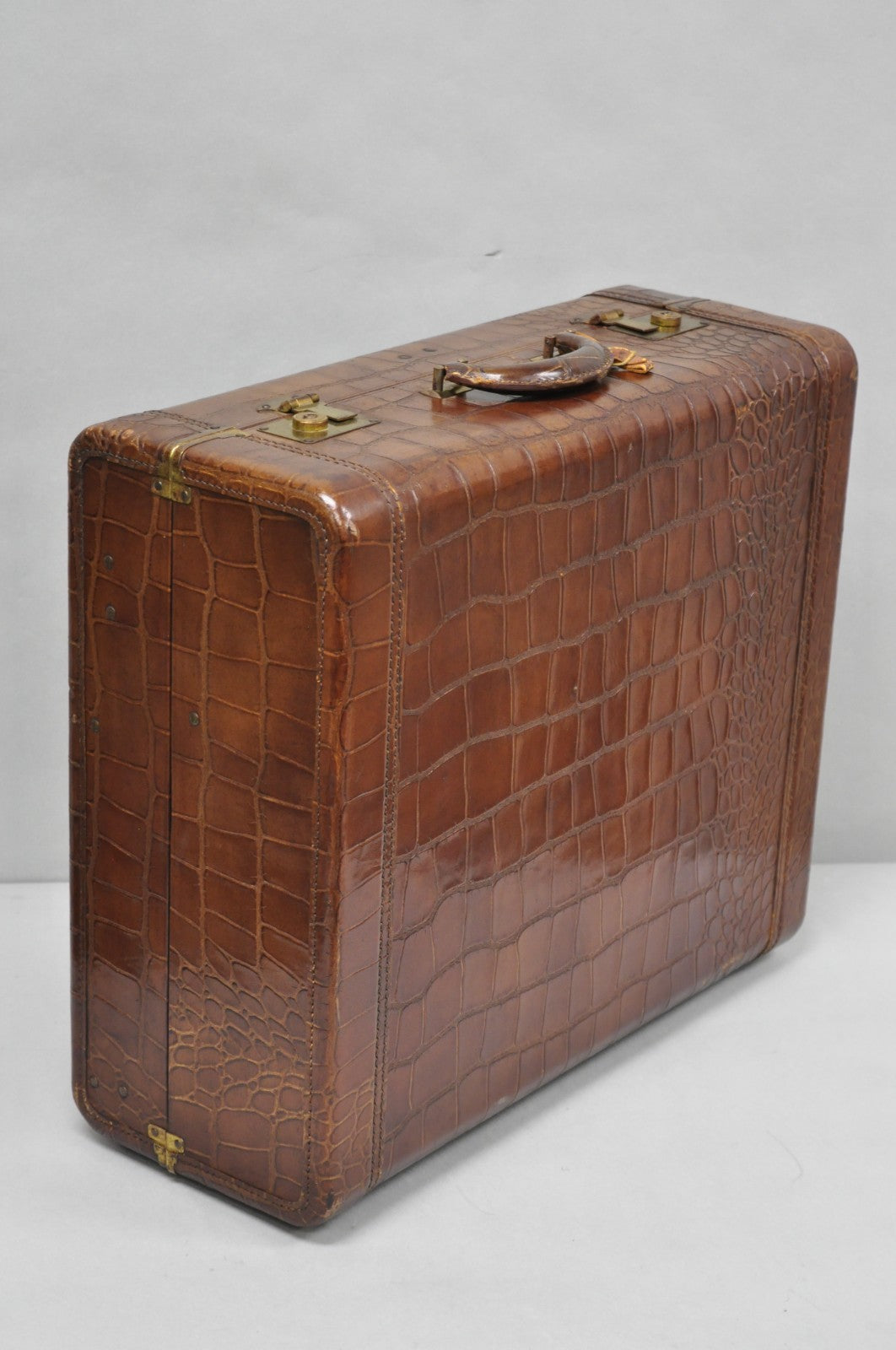 Vintage Art Deco Brown Leather Faux Crocodile Hard Case Suitcase Luggage