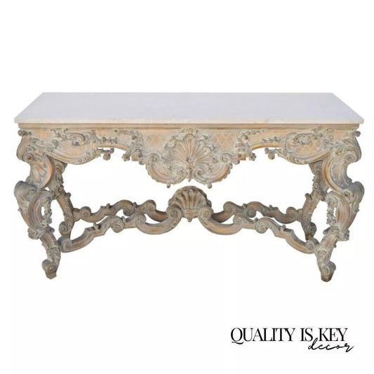 Antique French Louis XV Rococo Style Shell Carved 68" Marble Top Console Table