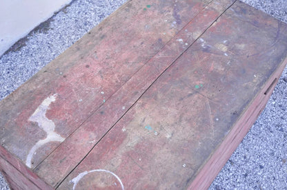 Antique Primitive Country Red Distress Painted Wood Treasure Blanket Chest Trunk
