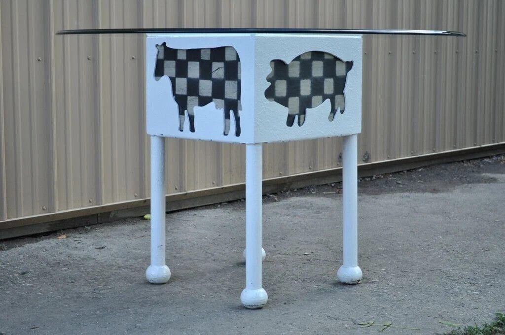 Farmhouse "Butcher" Cow & Pig Painted White & Black Metal & Glass Dining Table
