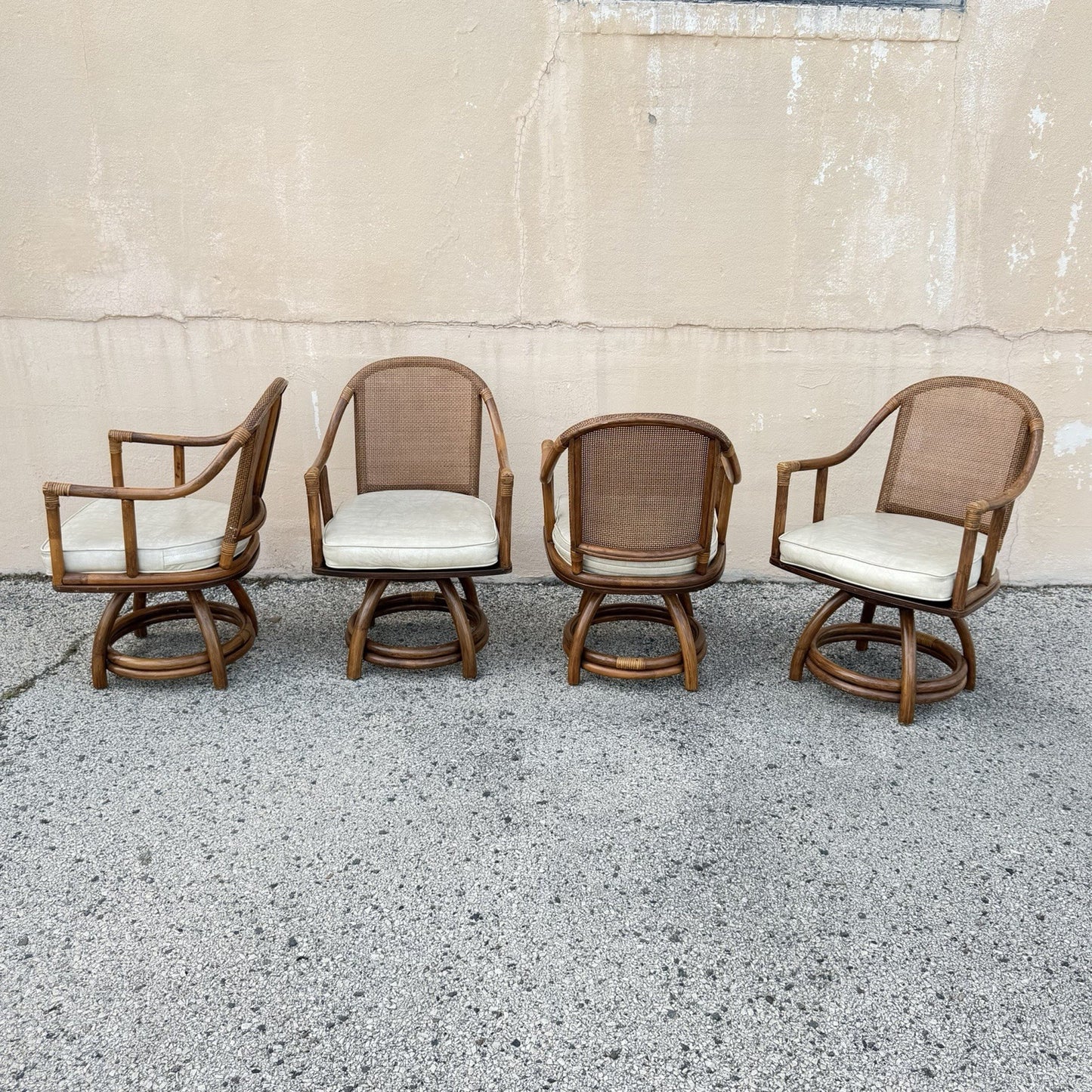 Vintage Hollywood Regency Bentwood Rattan Bamboo Swivel Chair Dining Set - 5 Pcs