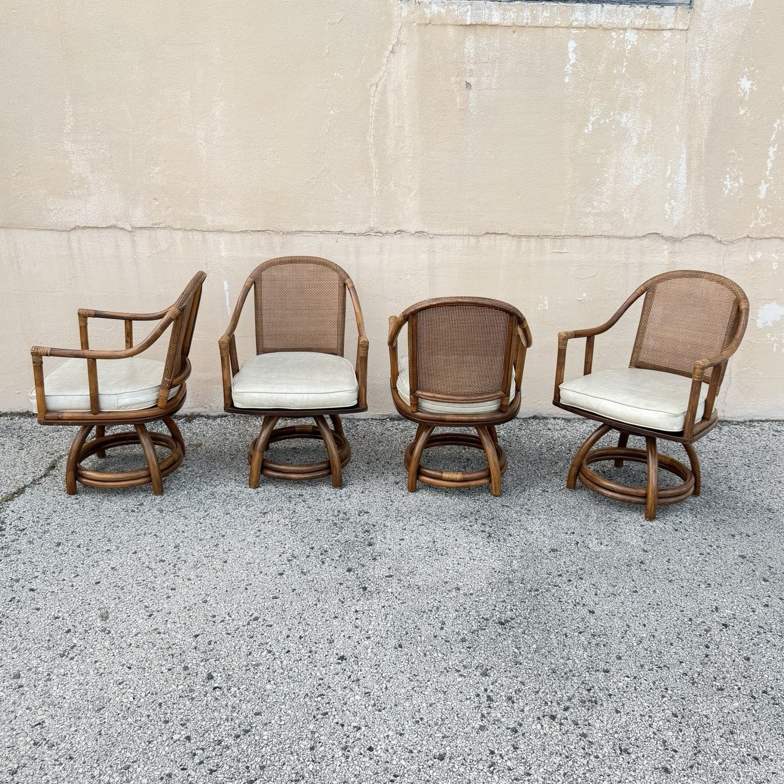 Vintage Hollywood Regency Bentwood Rattan Bamboo Swivel Chair Dining Set - 5 Pcs