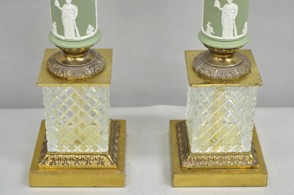 Vintage French Neoclassical Green Jasperware Candelabra Table Lamps - a Pair