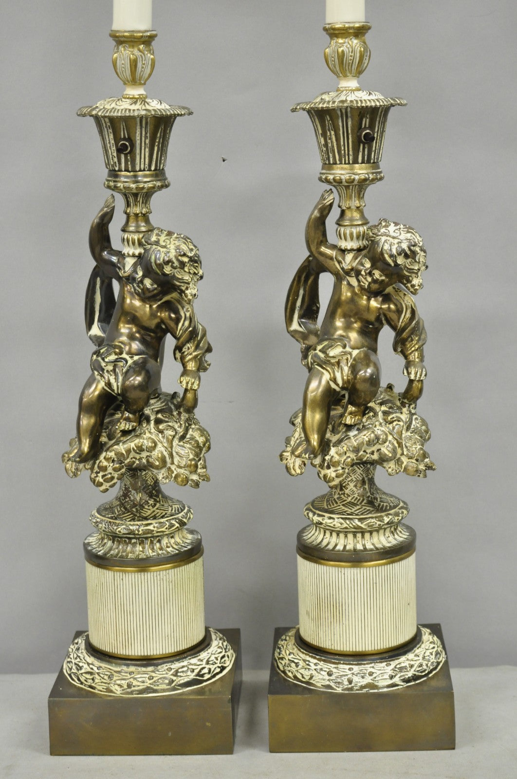 Vintage Hollywood Regency French Style Figural Cherub Metal Table Lamps - a Pair