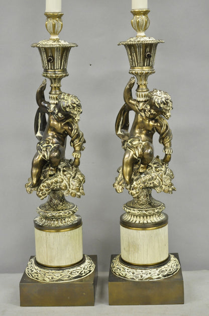 Vintage Hollywood Regency French Style Figural Cherub Metal Table Lamps - a Pair