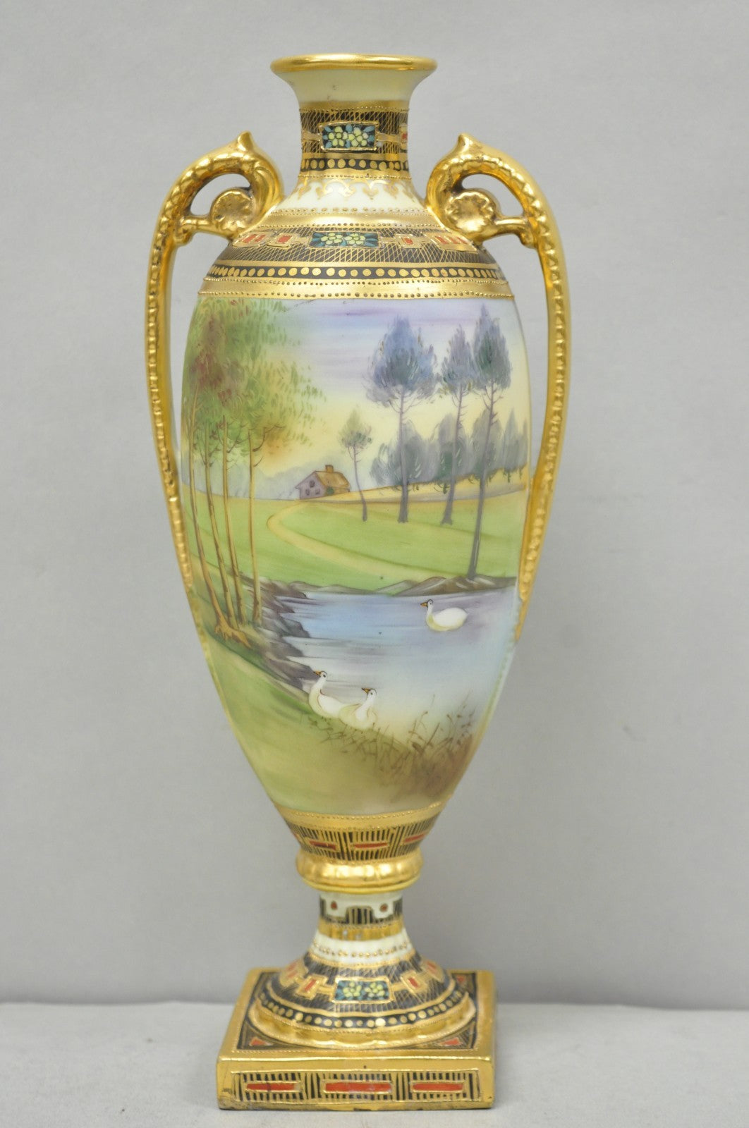 Antique Nippon Hand Painted Twin Handled Gold Gilt Lake & Swan Scene Bolted Vase