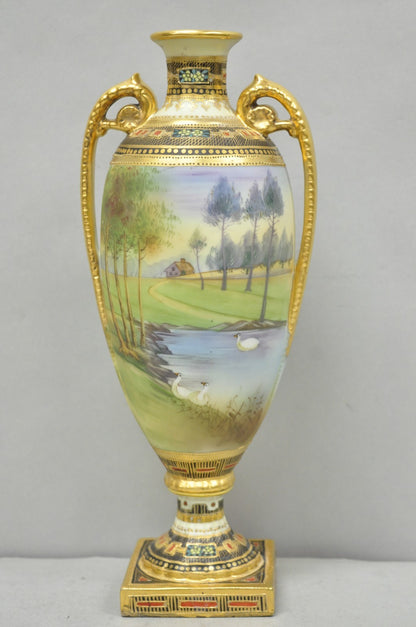 Antique Nippon Hand Painted Twin Handled Gold Gilt Lake & Swan Scene Bolted Vase