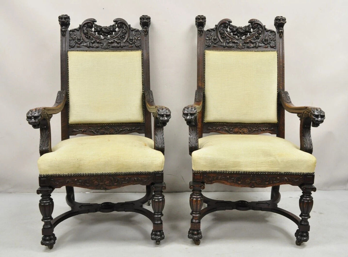 RJ Horner Attr Renaissance Figural Lion Carved Oak Wood Dining Chairs - Set of 6