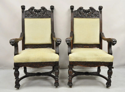 RJ Horner Attr Renaissance Figural Lion Carved Oak Wood Dining Chairs - Set of 6