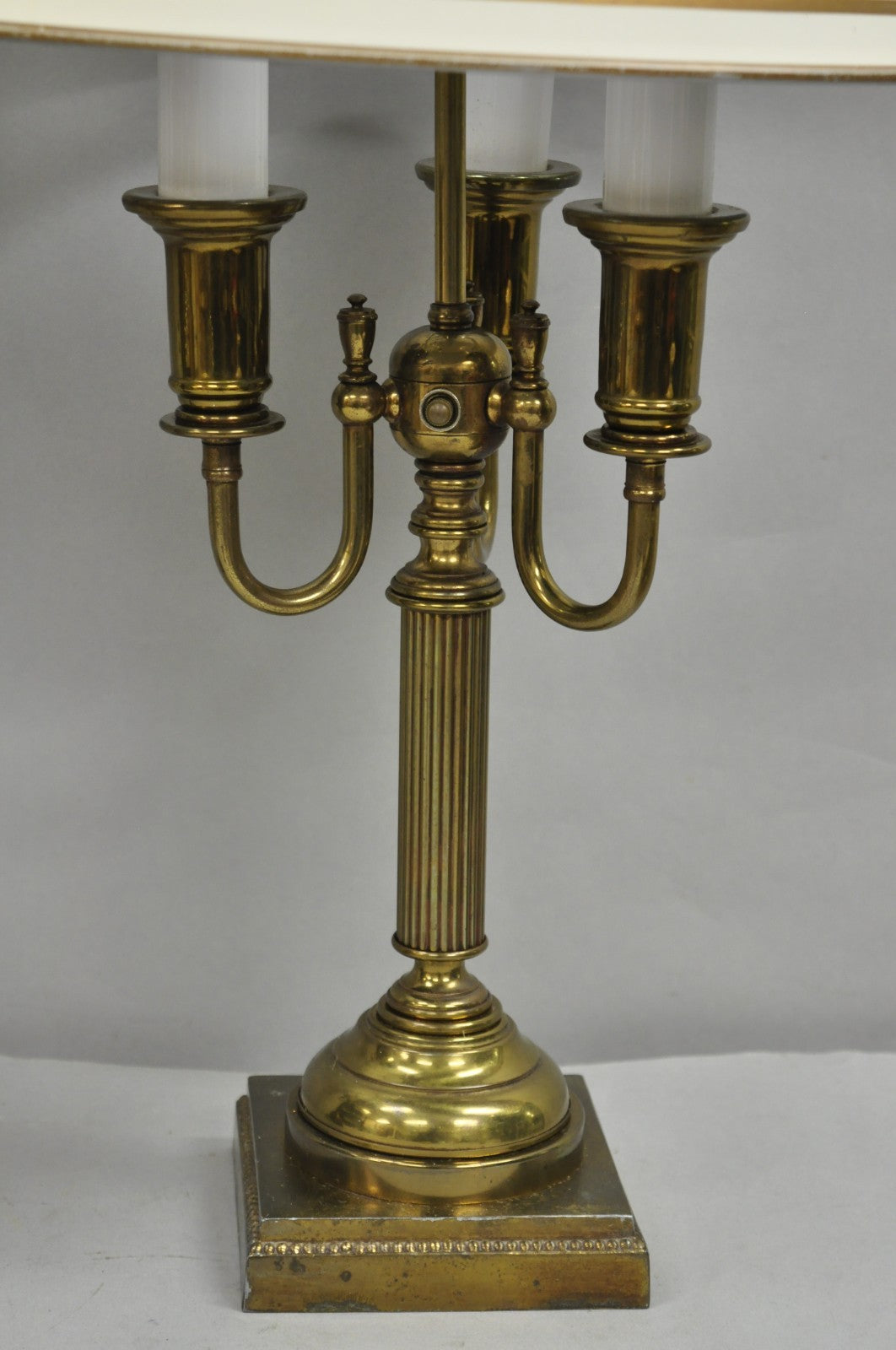 Vintage French Country Tole Metal Shade Brass Column Candelabra Table Lamps Pair