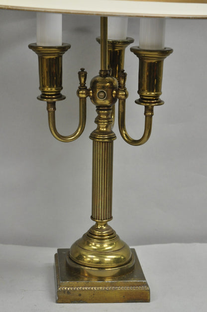 Vintage French Country Tole Metal Shade Brass Column Candelabra Table Lamps Pair