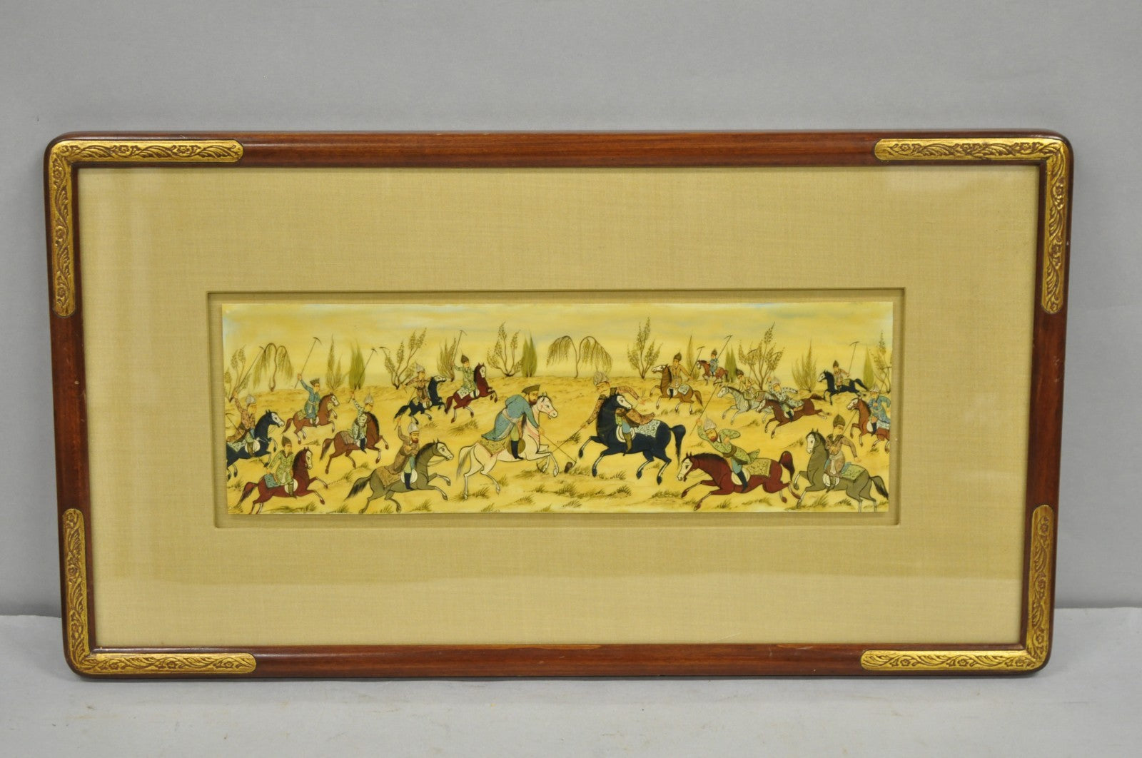 Vintage Persian Miniature Framed Hand Painted Polo Players & Horses on Bone