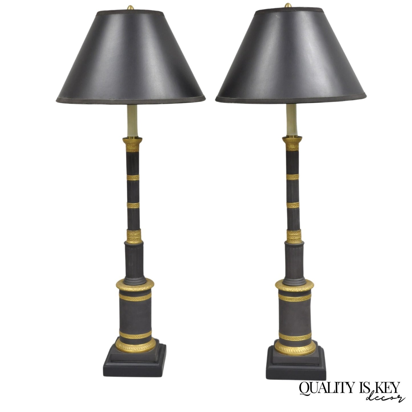 Vintage Marbro French Empire Porcelain Bouillotte Candlestick Table Lamps Pair