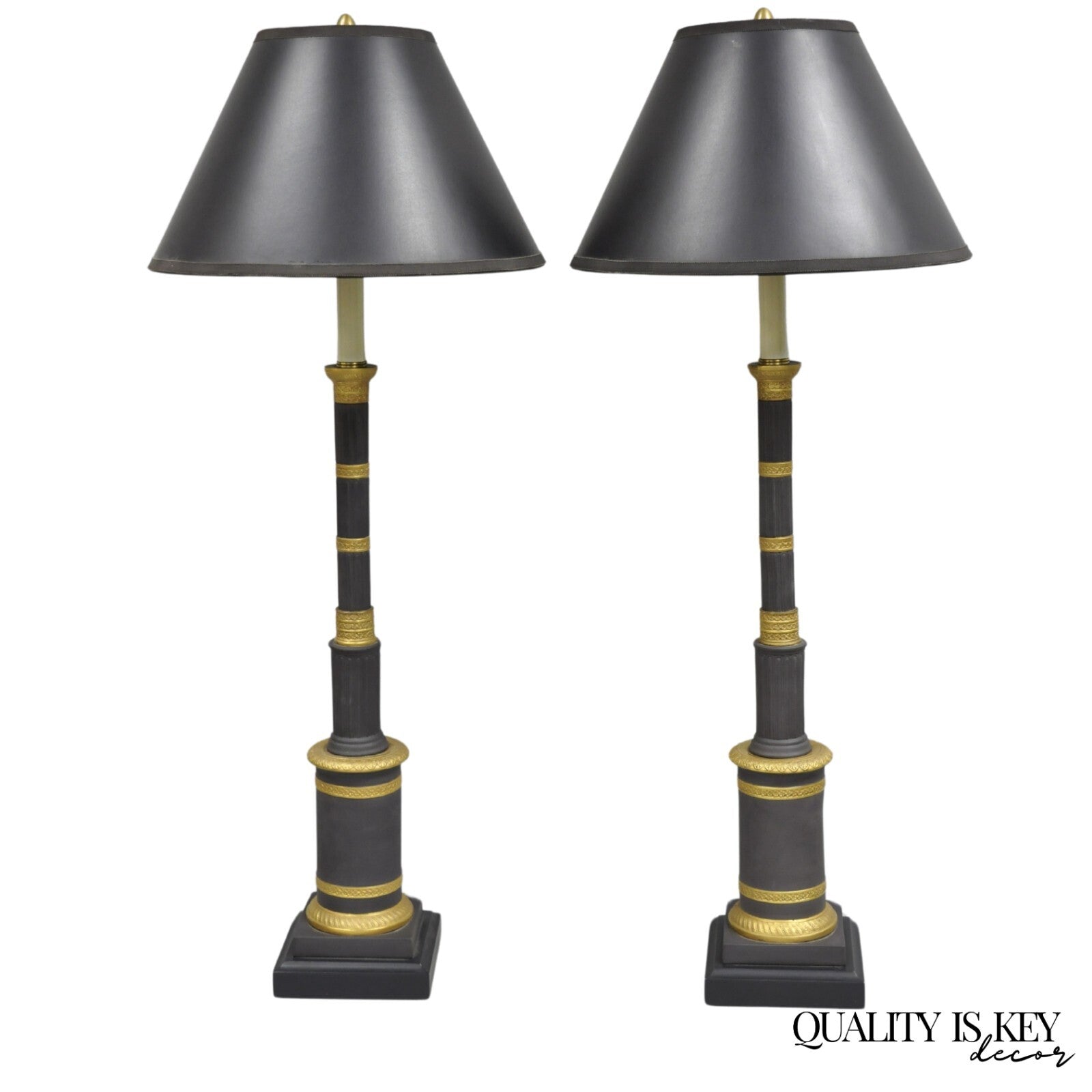 Vintage Marbro French Empire Porcelain Bouillotte Candlestick Table Lamps Pair