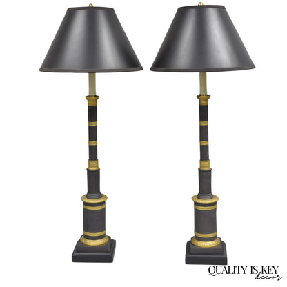 Vintage Marbro French Empire Porcelain Bouillotte Candlestick Table Lamps Pair