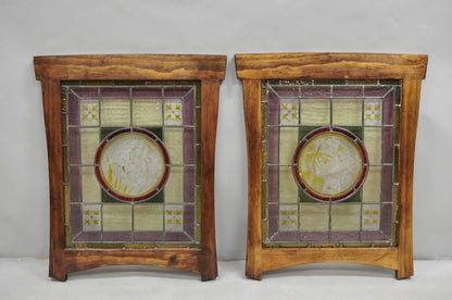 Antique French Art Nouveau Stained Leaded Glass Windows with Birds - a Pair