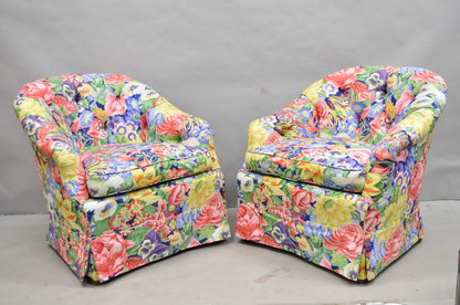 Vintage English Regency Floral Chintz Tufted Rolled Arm Club Lounge Chair - Pair