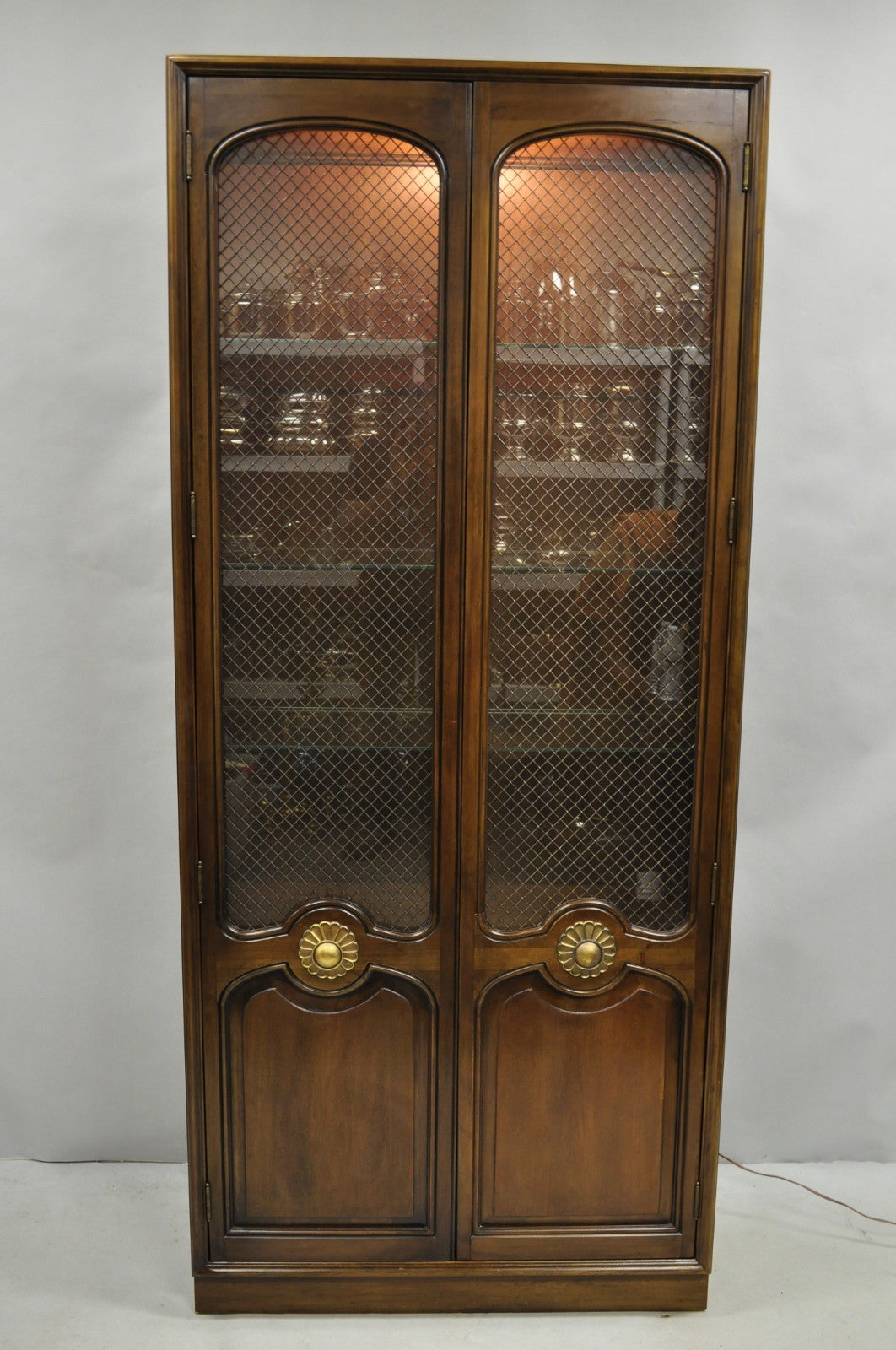 Vintage French Country Dark Cherry Wood Tall Lighted Curio Display Cabinet Pair