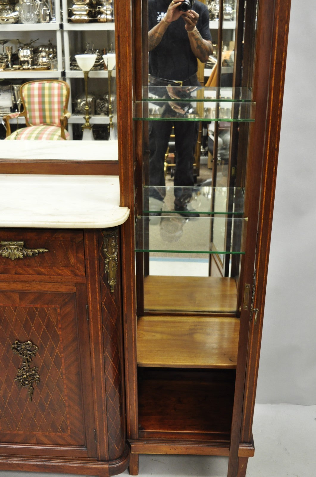 Antique French Louis XVI Style Marquetry Inlay Sideboard Buffet Curio Cabinet