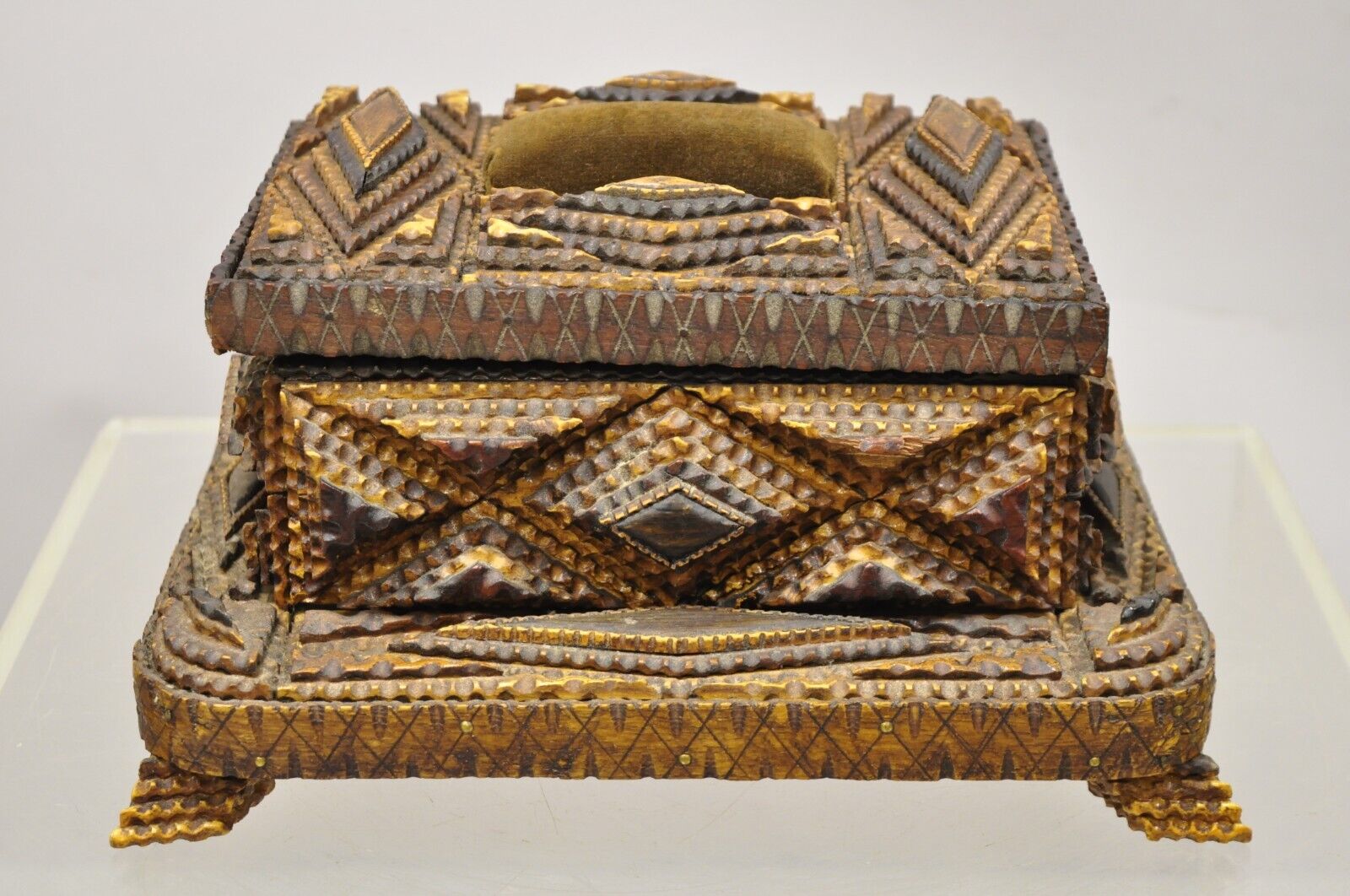Antique Tramp Art Diamond 2 Tier Hinged Wood Jewelry Presentation Box