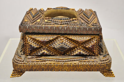 Antique Tramp Art Diamond 2 Tier Hinged Wood Jewelry Presentation Box