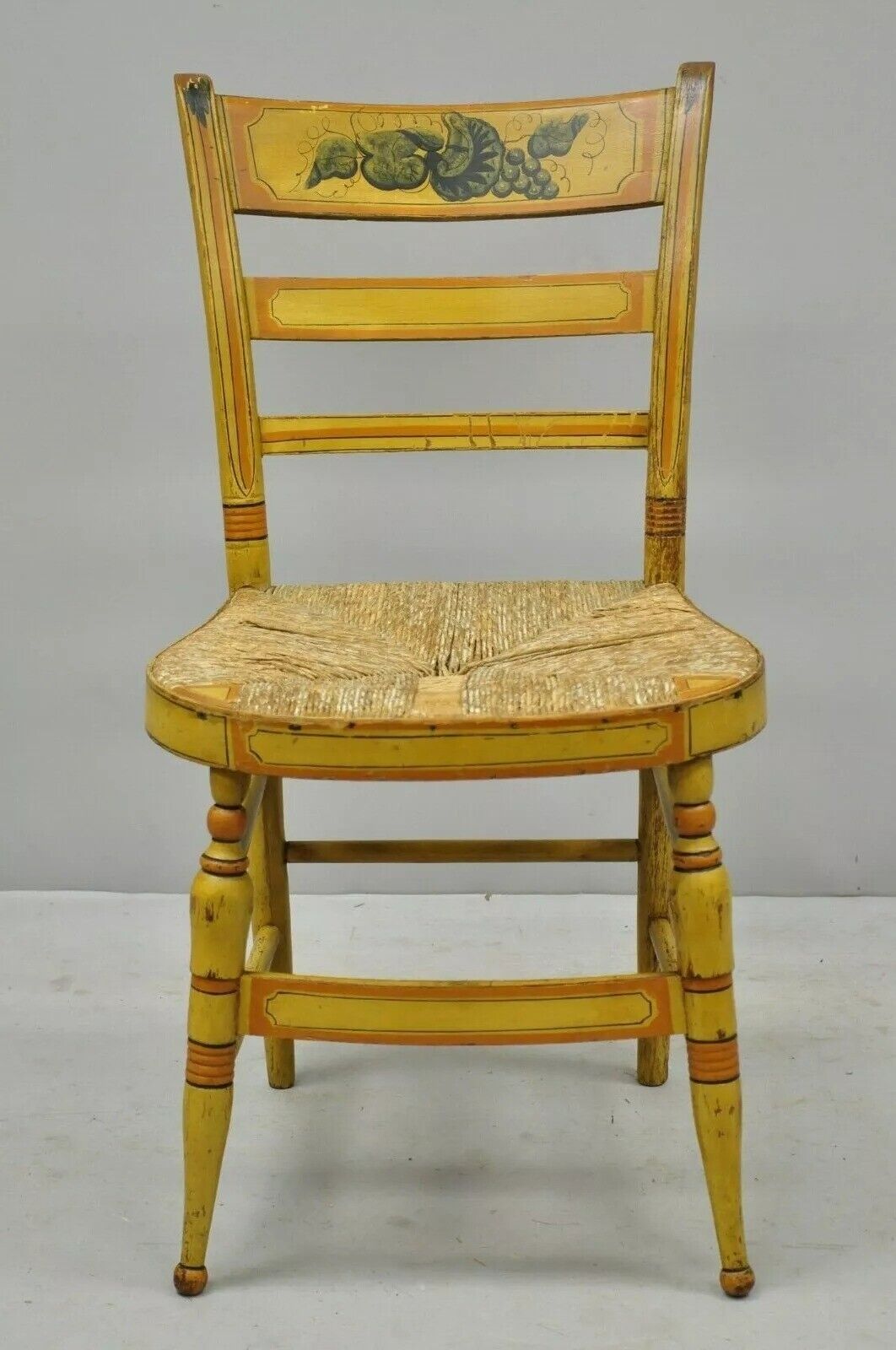 Antique Hitchcock Style Slat Back Rush Seat Yellow Paint Stencil Side Chair (A)