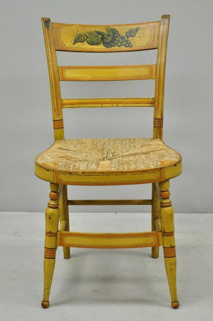 Antique Hitchcock Style Slat Back Rush Seat Yellow Paint Stencil Side Chair (A)