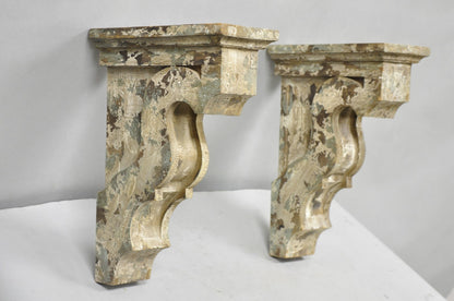 Victorian Carved Wood Blue & White Distress Painted Corbel Wall Bracket - a Pair
