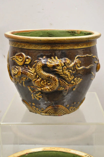 Antique Chinese Brown Glazed Ceramic Pottery Dragon Cachepot Jardinière - Pair