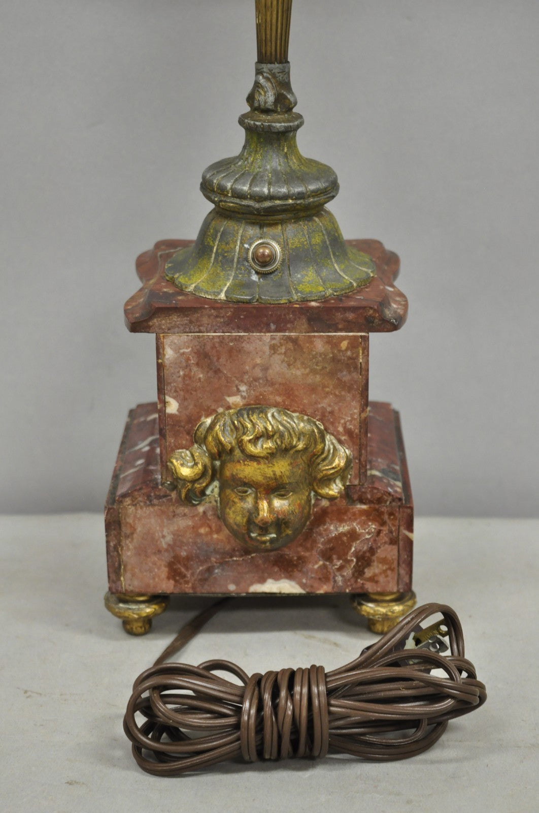 Antique French Neoclassical Bronze Torch & Trumpet Arm Marble Base Table Lamp