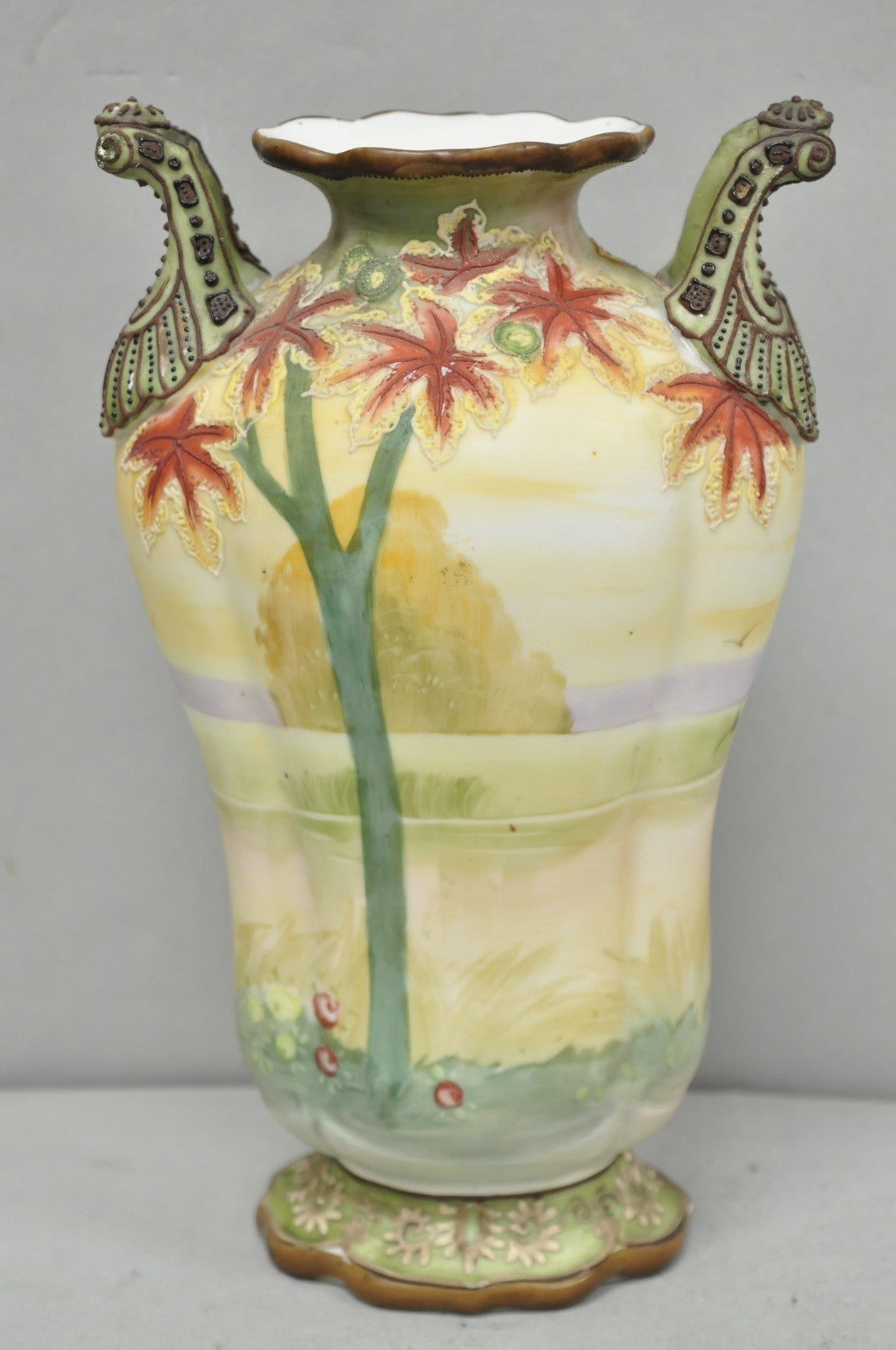 Antique Nippon Hand Painted Porcelain Moriage Twin Handle Countryside Scene Vase
