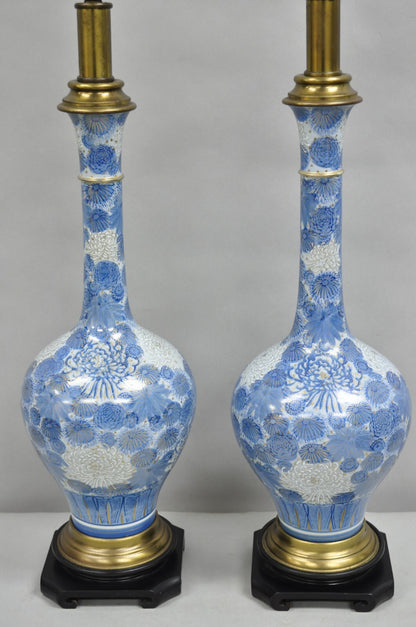 Vintage Paul Hanson Chinoiserie Blue Poreclain Flower Oriental Table Lamp Pair