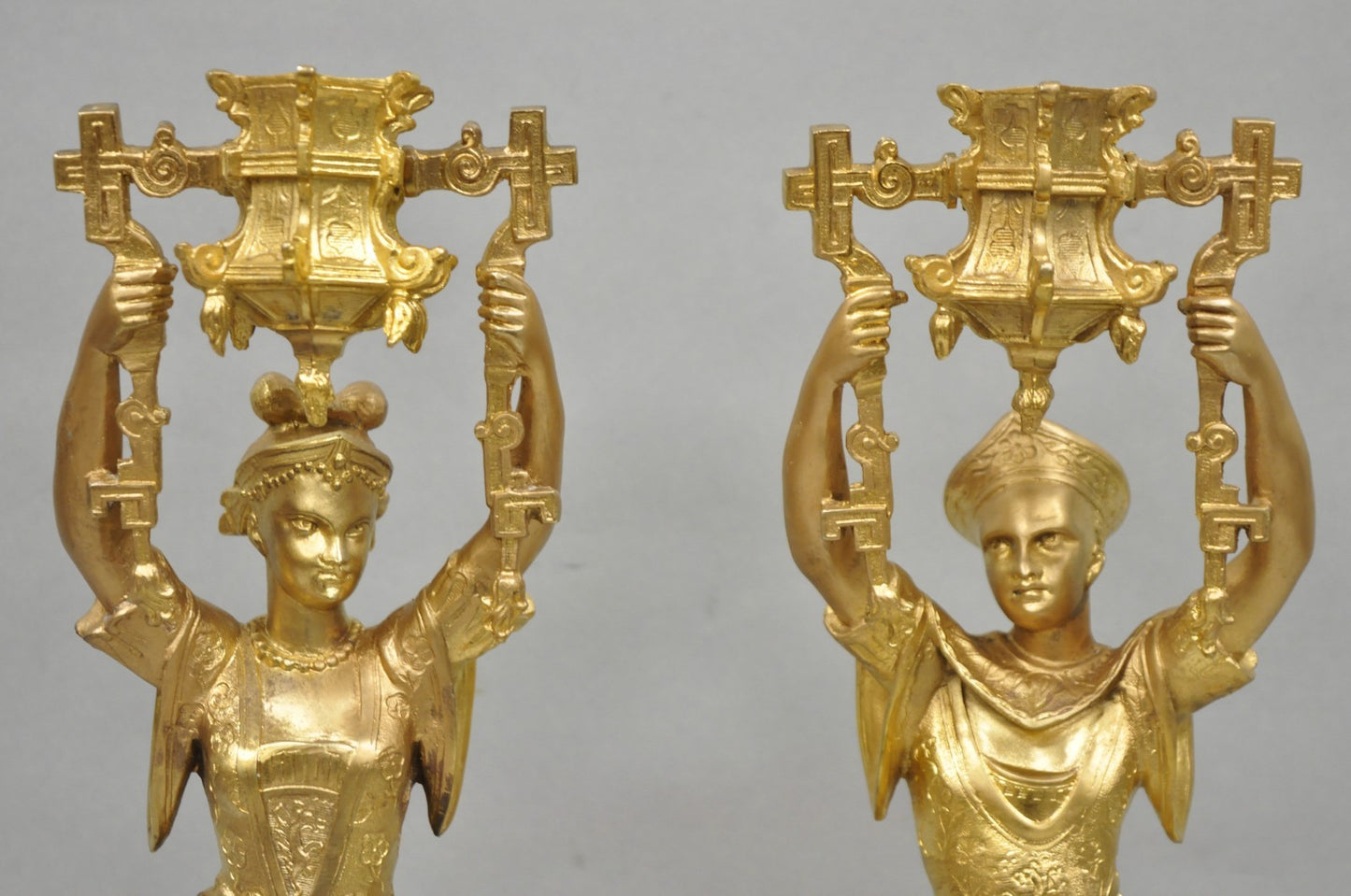 Antique Orientalist Gold Gilt Bronze Figural Male and Female Candlesticks - Pair