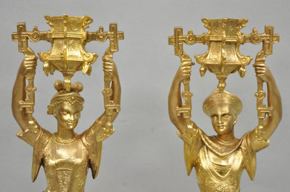 Antique Orientalist Gold Gilt Bronze Figural Male and Female Candlesticks - Pair
