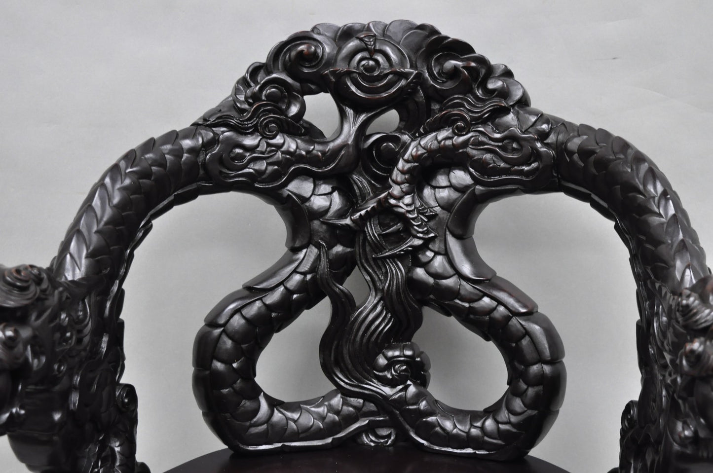 Antique Japanese Dragon Carved Wood Export Oriental Palace Lounge Arm Chair