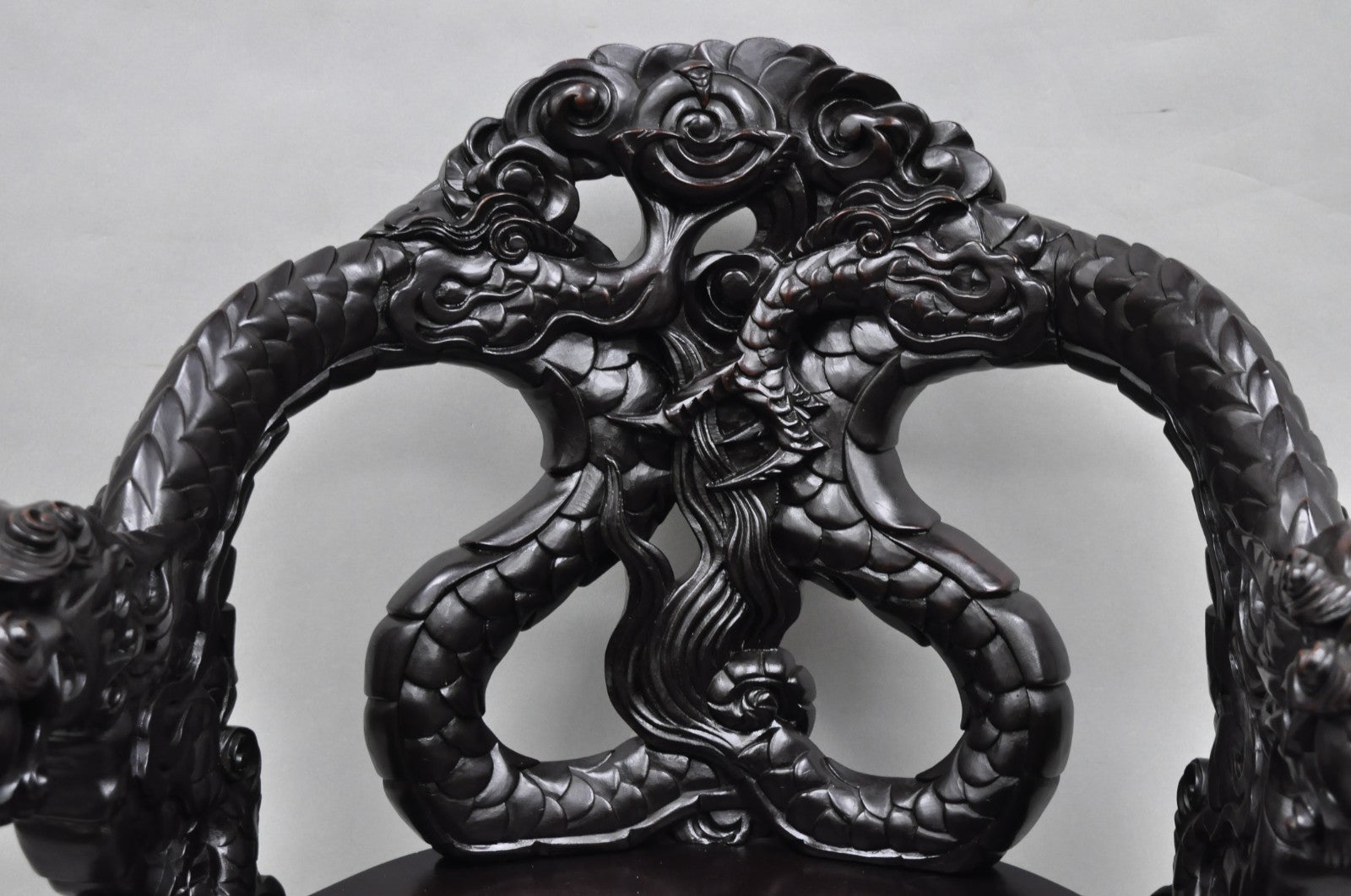 Antique Japanese Dragon Carved Wood Export Oriental Palace Lounge Arm Chair