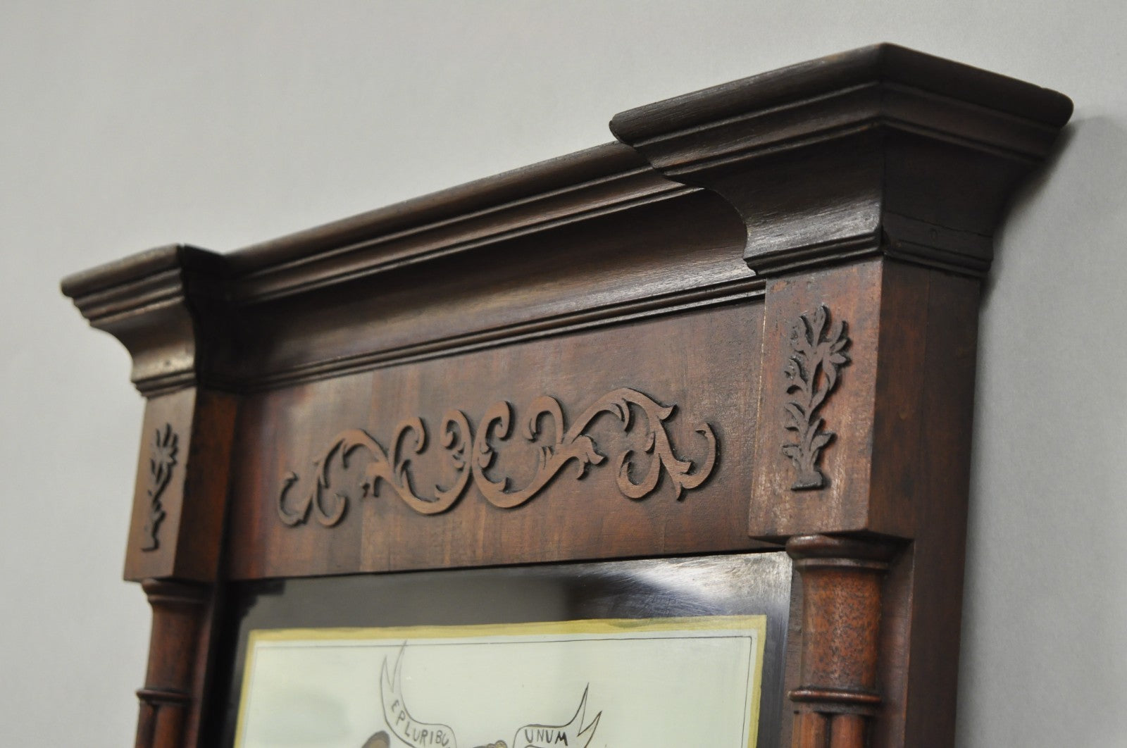 Antique American Federal Mahogany Reverse Painted Eagle Trumeau Wall Mirror