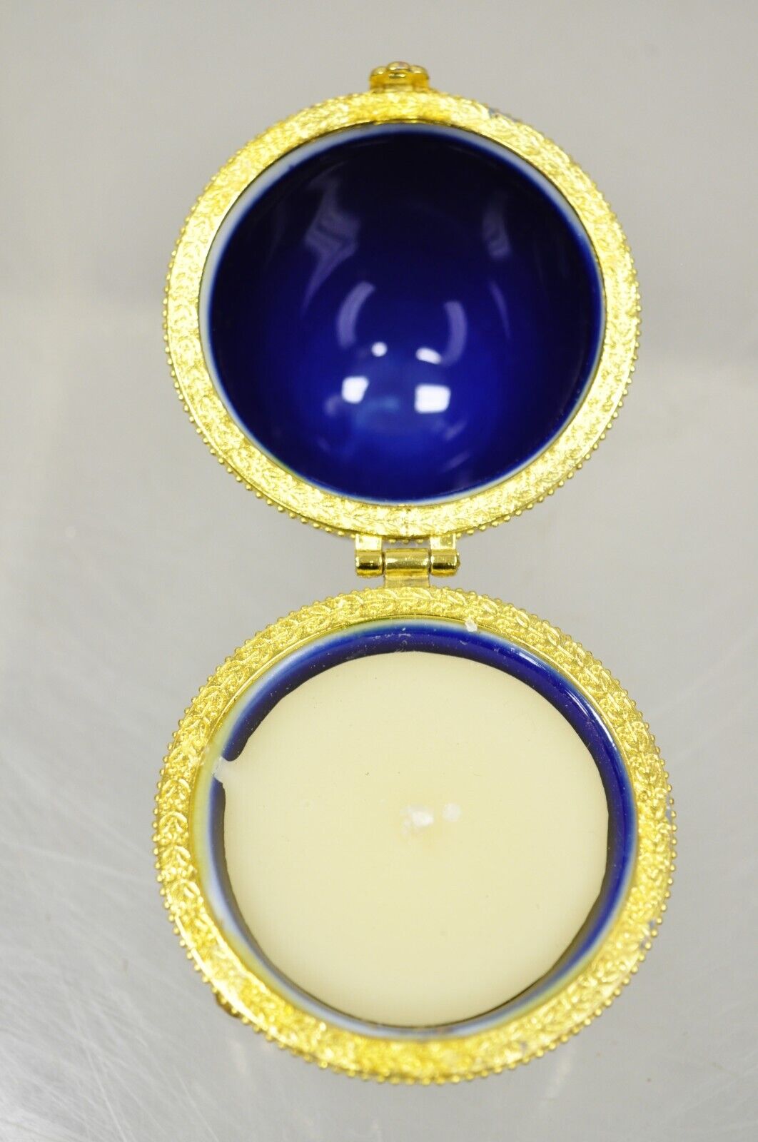 Cobalt Blue Porcelain Egg Gold Gilt Hinged Lid Candle Trinket Box - 2 Pcs