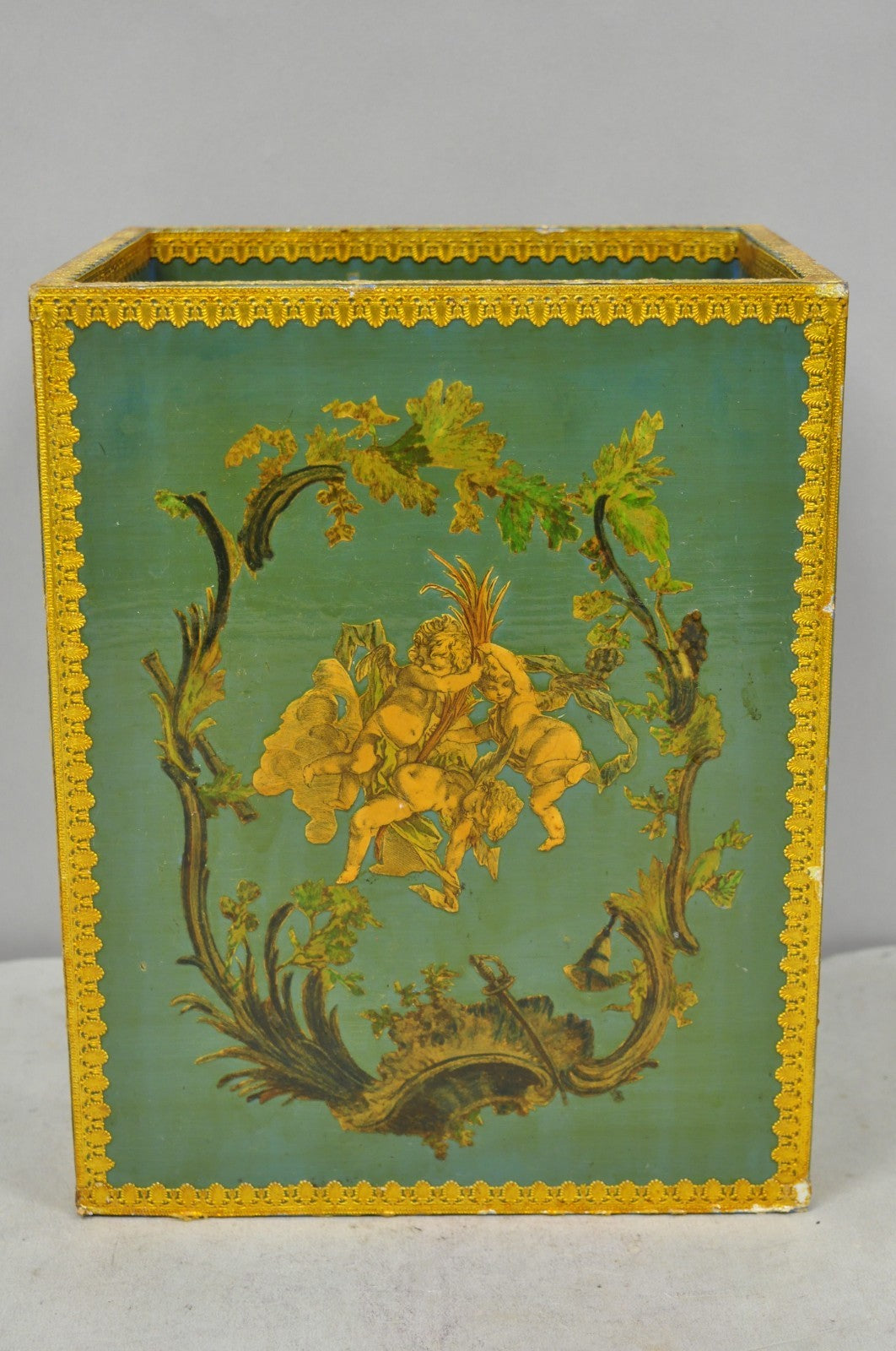 Vintage Italian Venetian Decoupage Green Gold Papier Mache Wastebasket Trash Can