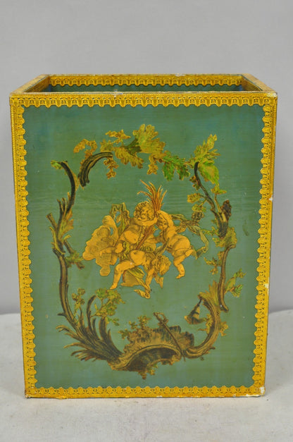 Vintage Italian Venetian Decoupage Green Gold Papier Mache Wastebasket Trash Can