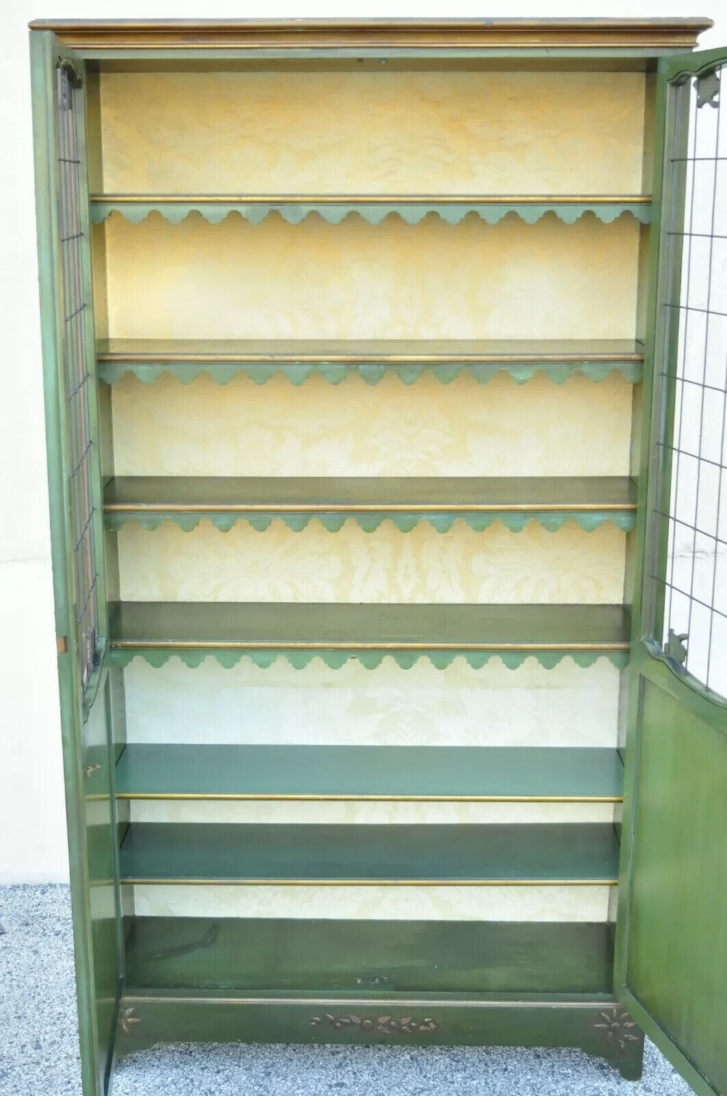 English Chinoiserie Green Distress Painted Tall George III Curio Display Cabinet