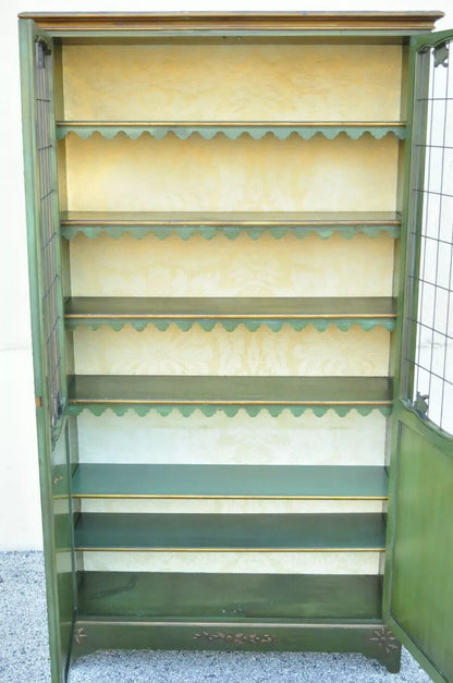 English Chinoiserie Green Distress Painted Tall George III Curio Display Cabinet