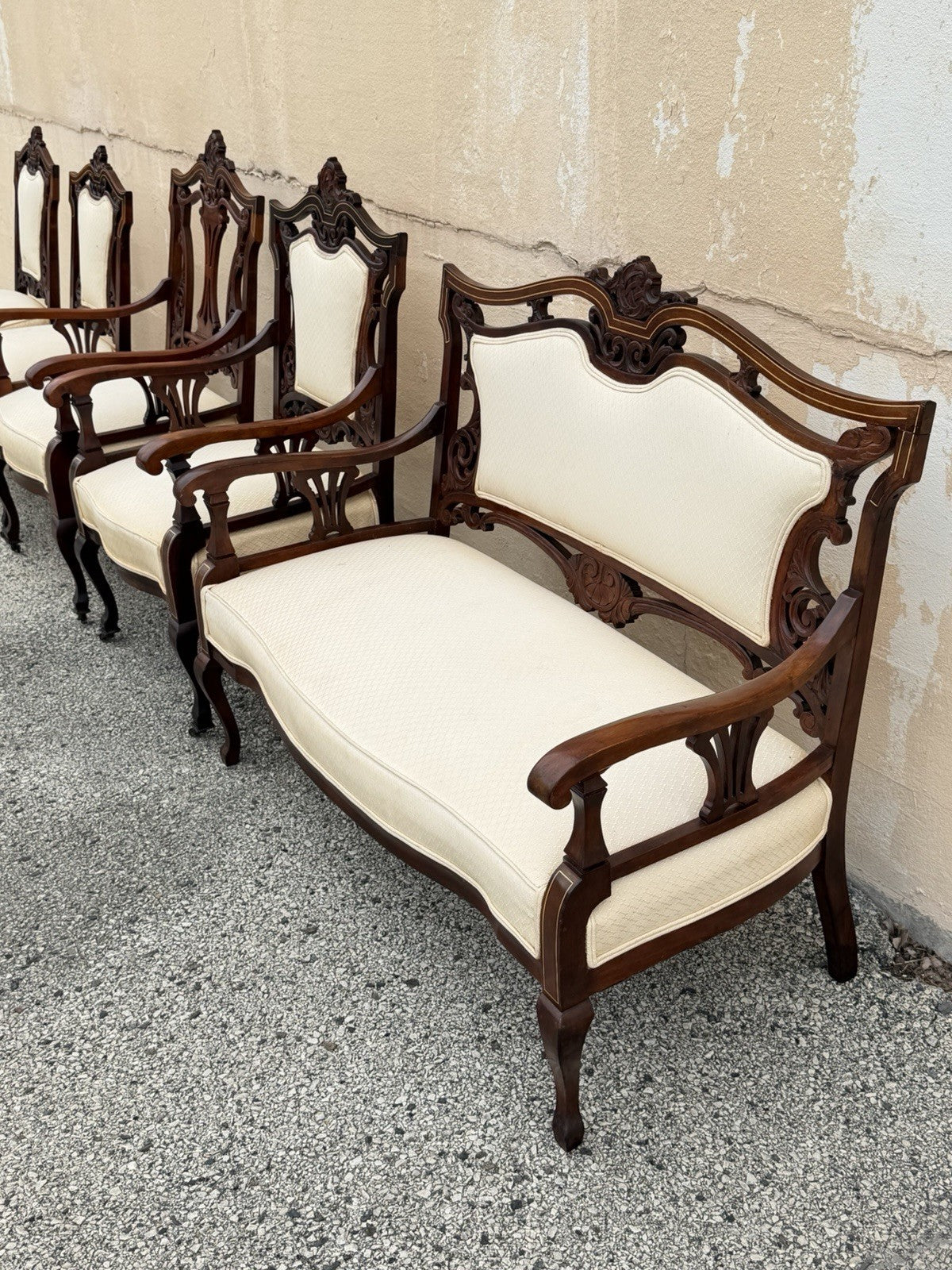 Antique Victorian Carved Mahogany Inlaid Parlor Set Sofa and 4 Chairs - 5 Pcs