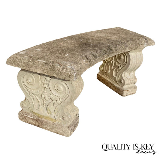 Vintage Classical Style Cast Stone Double Pedestal Curved Garden Bench Seat